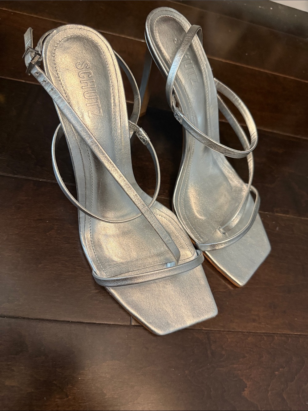 SCHUTZ Metallic Silver Strappy Square-Toe Heels